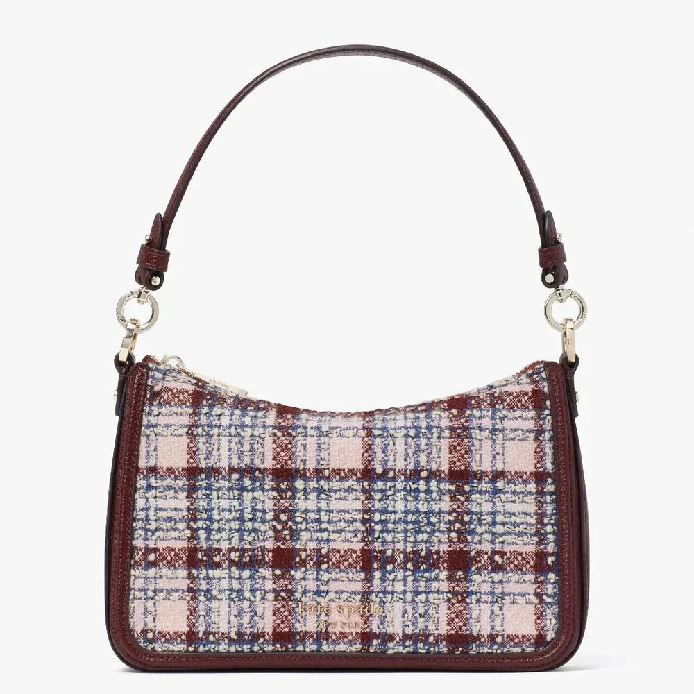 New Kate Spade Hudson Tweed Medium Convertible Shoulder Bag Dark Merlot Multi